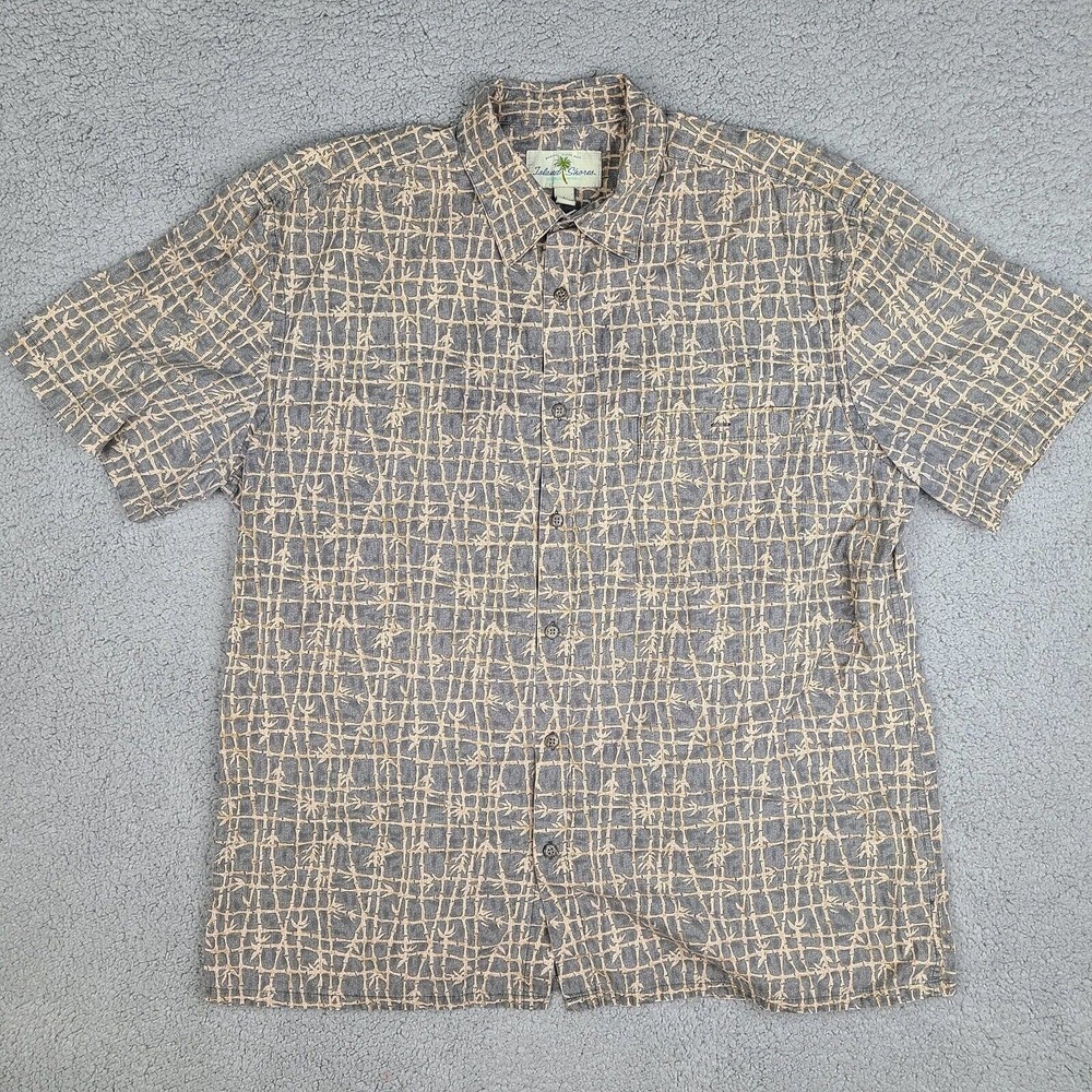 Island Shores Shirt Men's Large Gray Hawaiian Bamboo Button Down Short Sleeve
